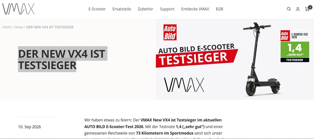 VMAX DER NEW VX4 IST TESTSIEGER bei Autobild